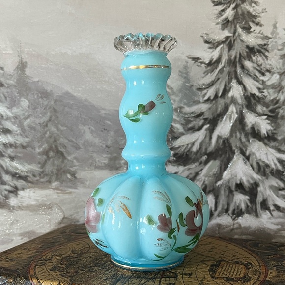 Vintage Blue Hand-Painted Glass Bottle Vase Floral Ruffled Rim No Stopper - Picture 1 of 10